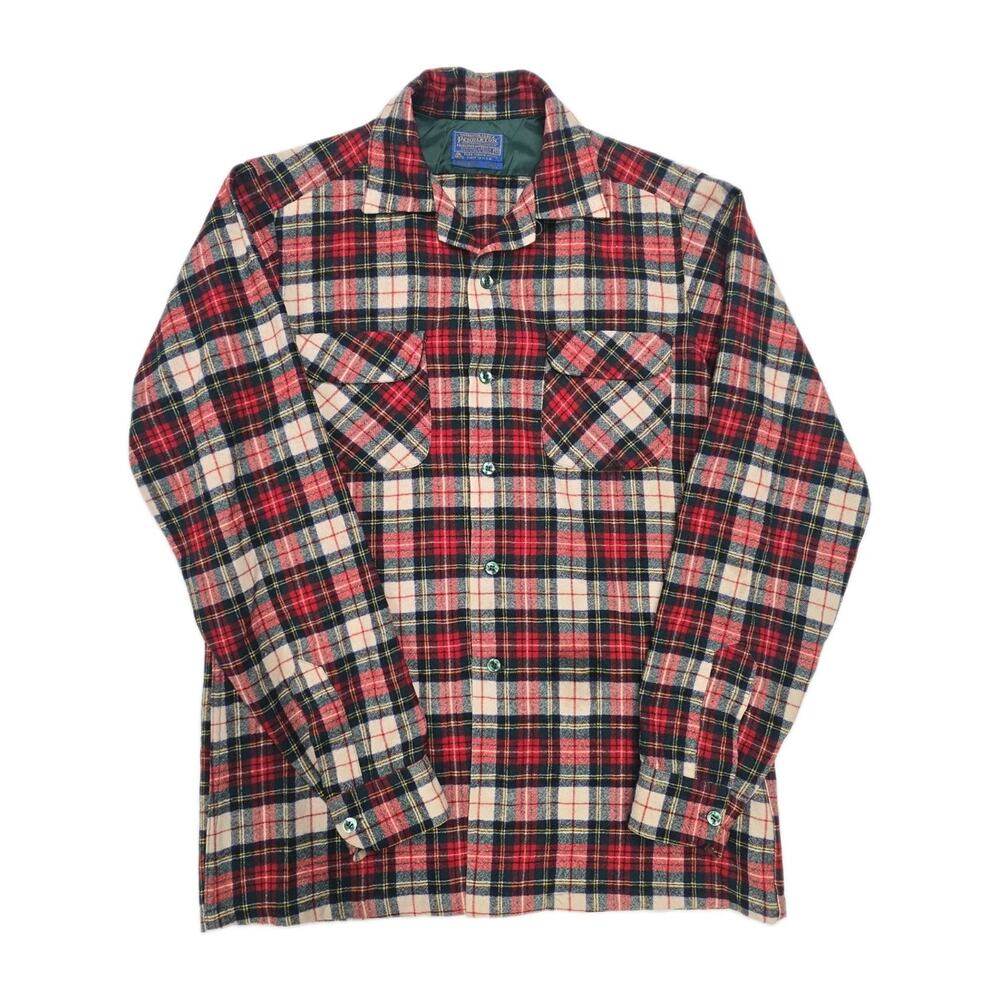 Vtg 70s Pendleton Magnum Tall Plaid Wool Board Shirt Mens M Tall Red Lumberjack